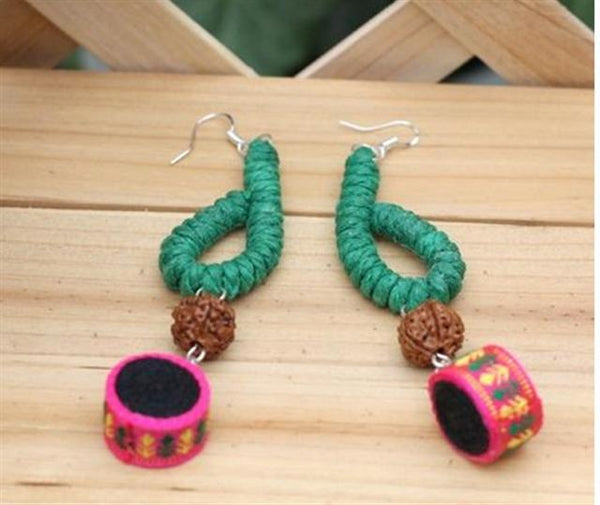 Handmade Woven Earring (black, pink, green with dark brown bead)