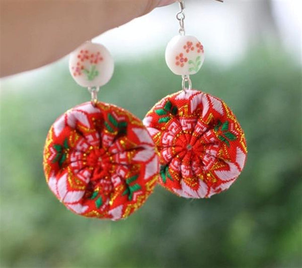 Handmade Woven Earring (orange, white, green circle with beads)