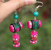 Handmade Woven Earring (pink, black, multi colors w/ blue bead)
