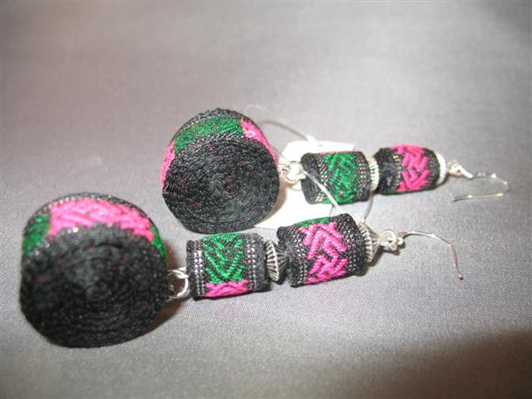 Handmade Woven Earring (black, green, pink)