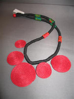 Handmade Woven Necklace (5 red circle pendant, black chain)