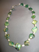 Shell & Pearl Necklace Green, White