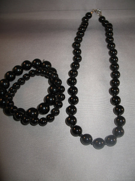 Agate Necklace and Bracelet Set (Pure Black, 3Pcs)