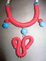 Handmade Woven Necklace (unique shape, deep red, blue)