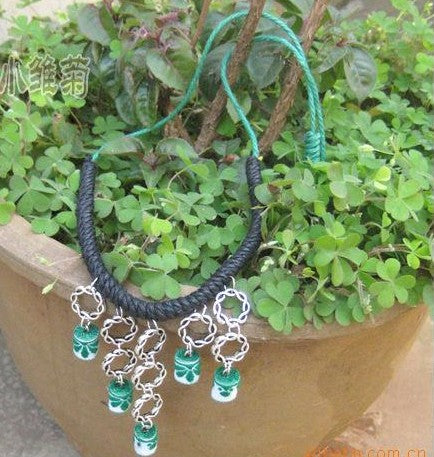 Handmade Woven Necklace (green/white pendant, black/green chain)