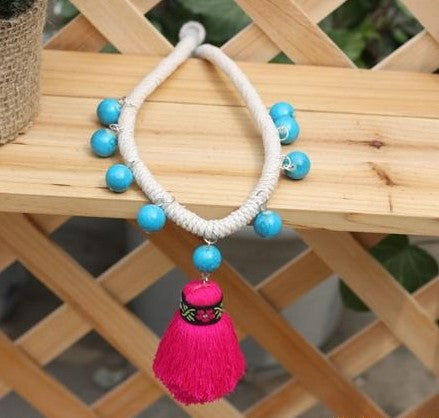 Handmade Woven Necklace (pink, blue, white chain)