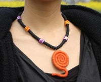 Handmade Woven Necklace (unique, orange pendant, black chain)