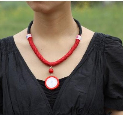Woven Necklace(unique, red/white circle pendant,black/red chain)