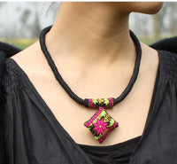 Handmade Woven Necklace (pink/green/gold/black pendant)
