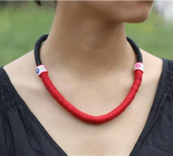 Handmade Woven Necklace (red color, black chain)