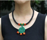 Handmade Woven Necklace (unique, green/red pendant, black chain)